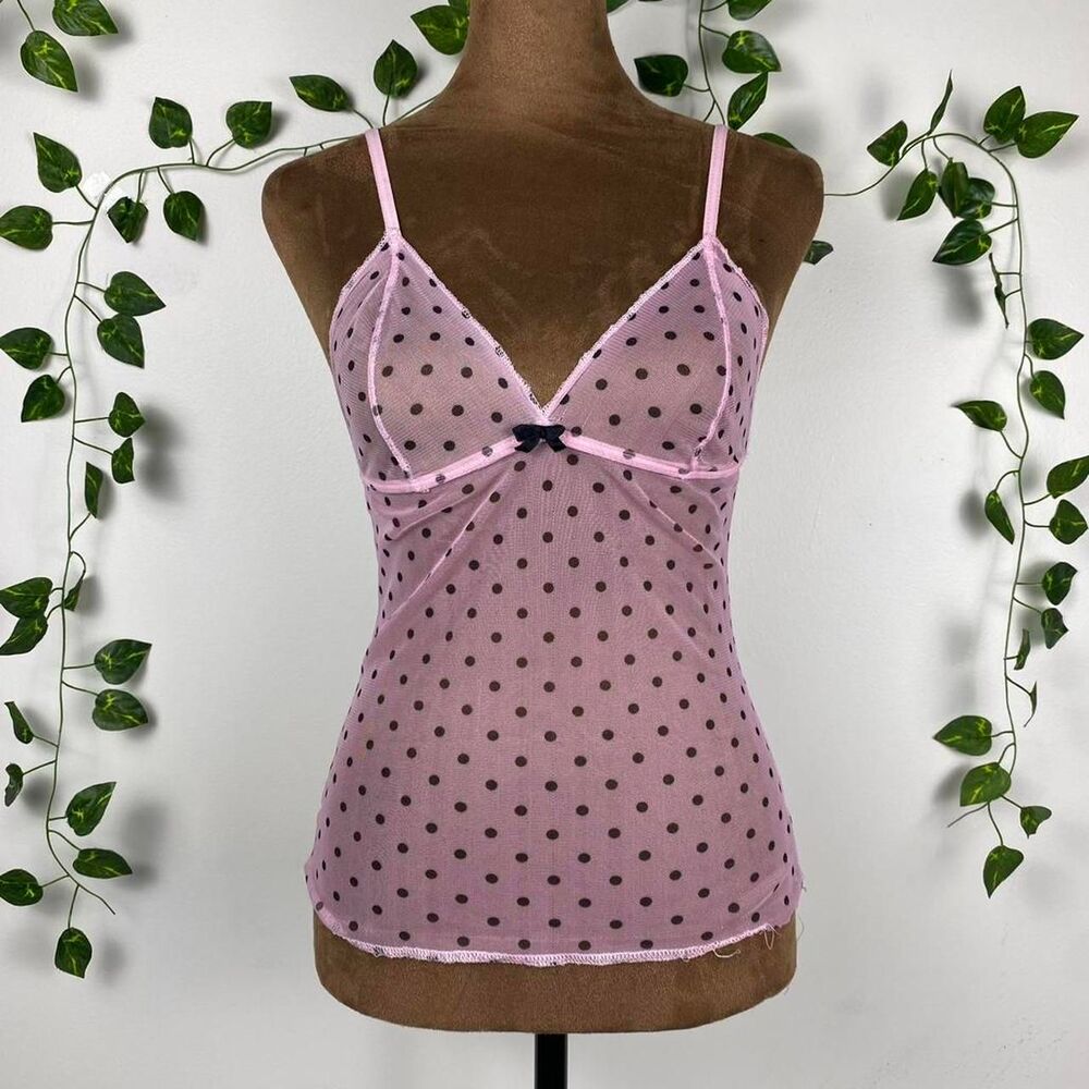 Y2K Satori baby pink Mesh black Polka Dot Cami Top sheer v-neck